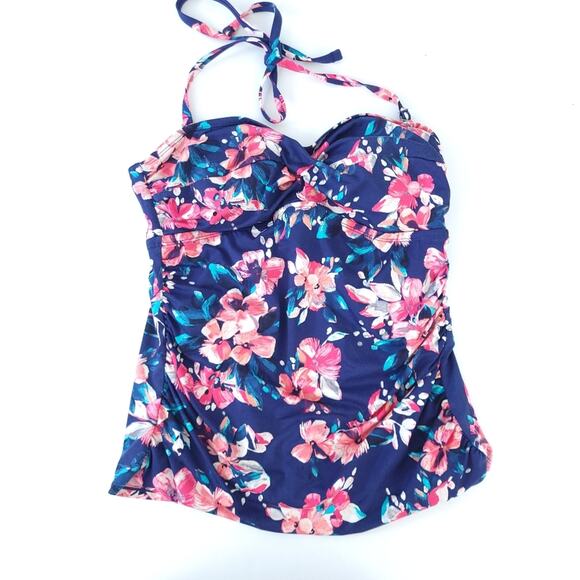 Merona Tankini Swimsuit Top Small Blue Pink Floral Bathing Suit Halter Top - Picture 1 of 4